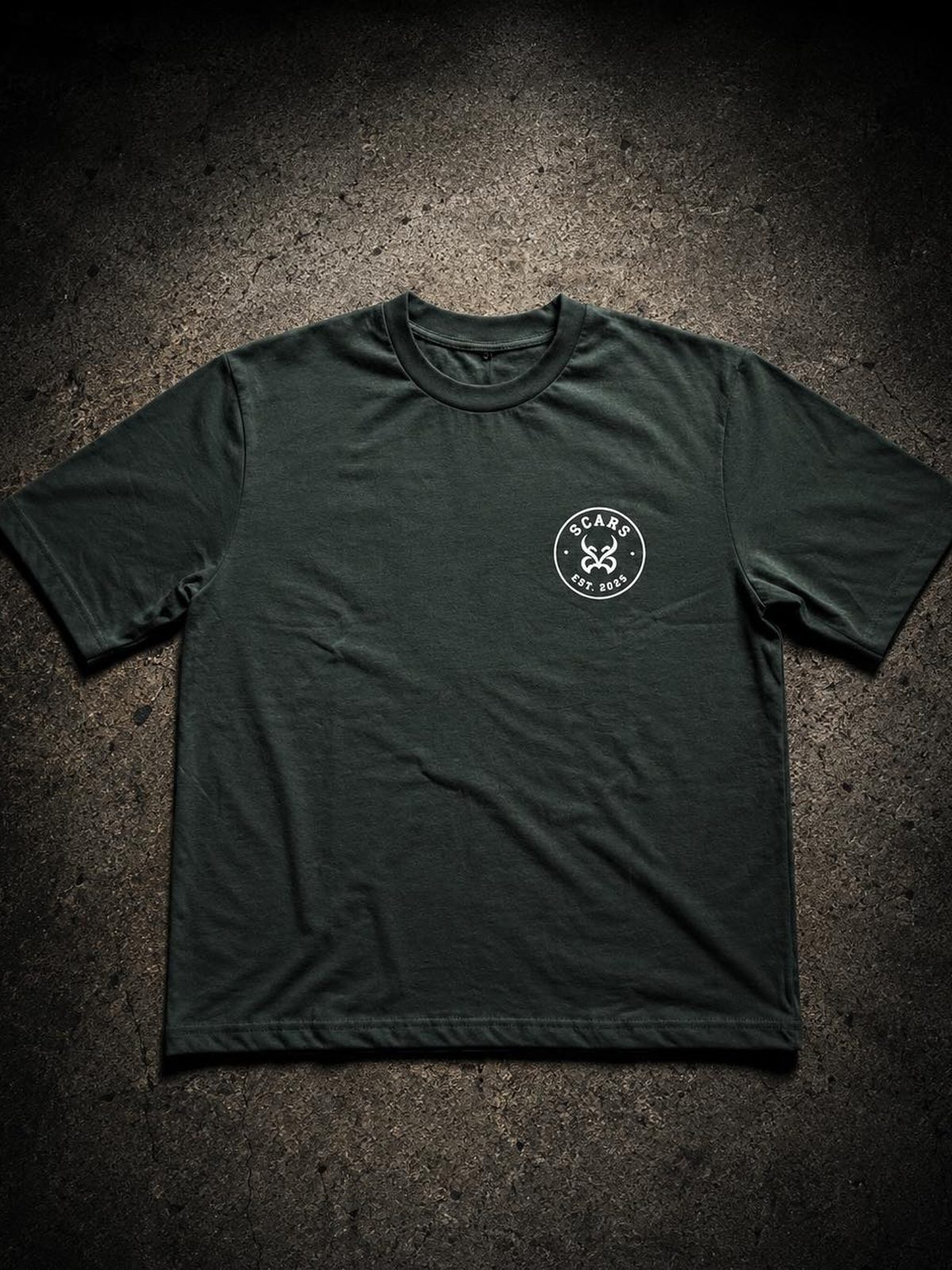 SCARS Crest Tee in forest green — oversized streetwear T-shirt from Athens, chest crest badge