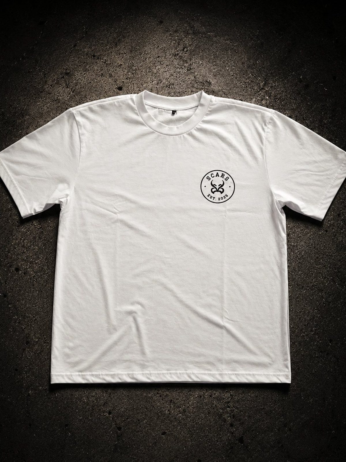 SCARS Crest Tee in white — oversized streetwear T-shirt from Athens, chest crest badge